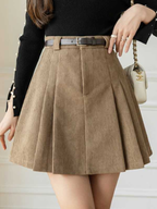 High-Waisted Pleated Corduroy Skirt with Matching Belt