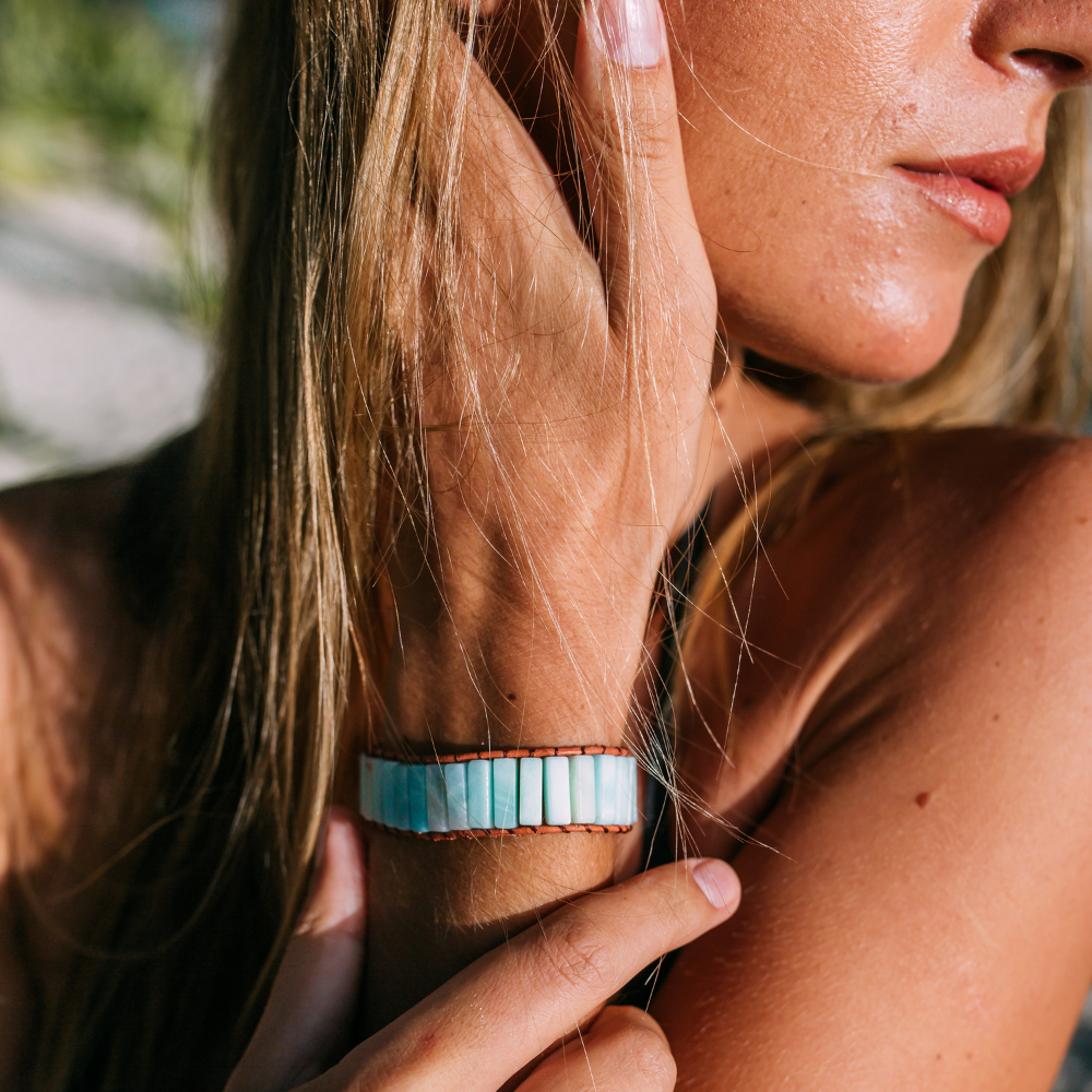 Amazonite and Leather Tree of Life Wrap Bracelet
