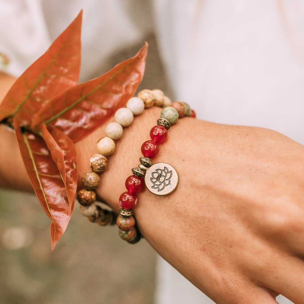 Unakite and Carnelian Mala Bead Bracelets, Set of Two