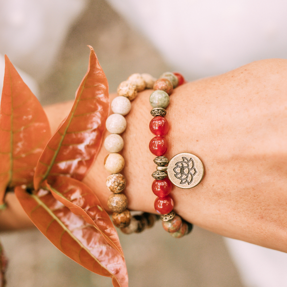 Unakite and Carnelian Mala Bead Bracelets, Set of Two