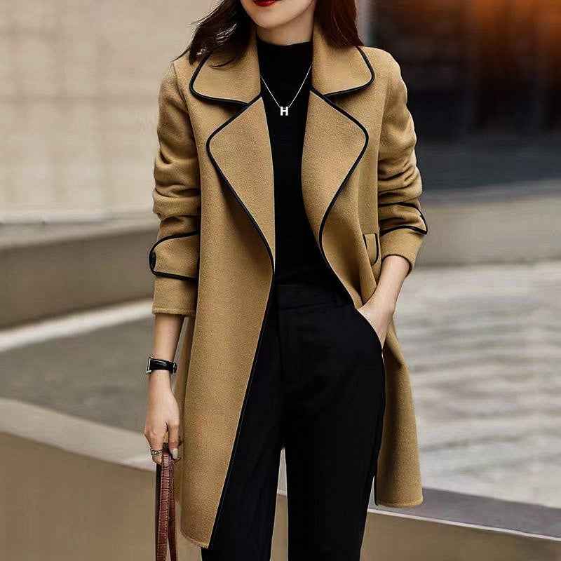 A-Line Brushed Coat with Contrast Piping and Waist Belt