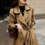 A-Line Brushed Coat with Contrast Piping and Waist Belt