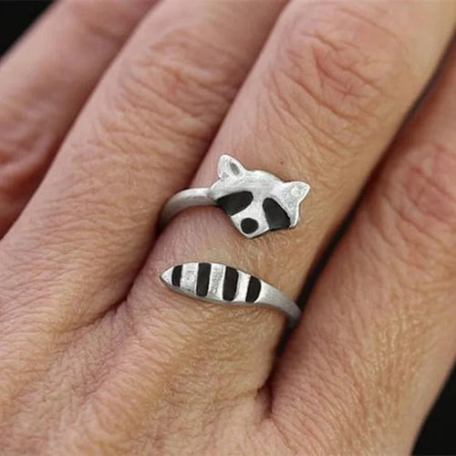 Adjustable Vintage-Style Raccoon Silver-Tone Ring
