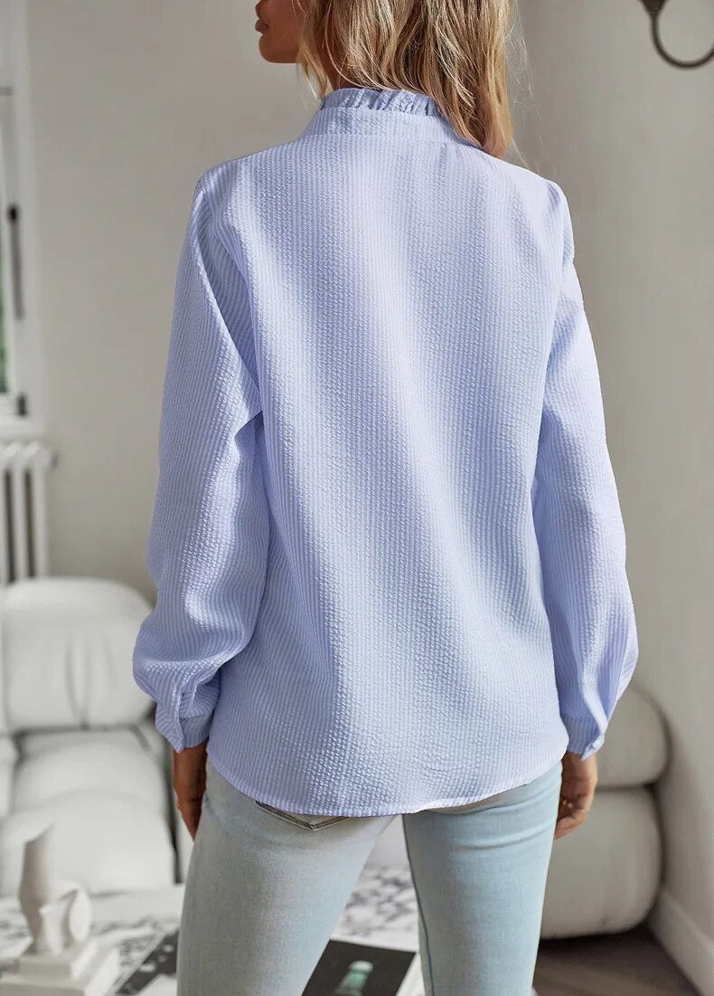 Ruffle-Collar Blouse with Button Cuffs