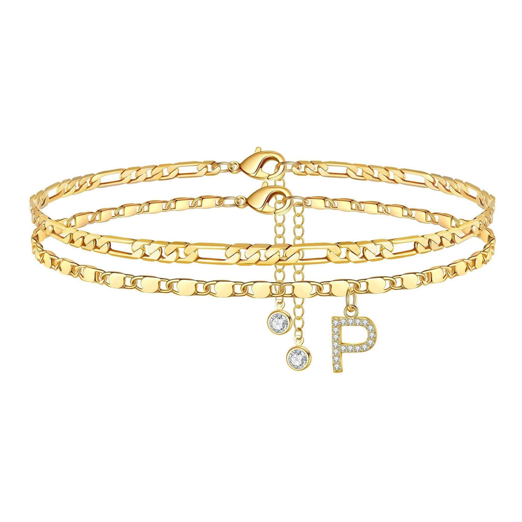 Two-Piece Initial Anklet Set with Diamond-Look Letter Charm