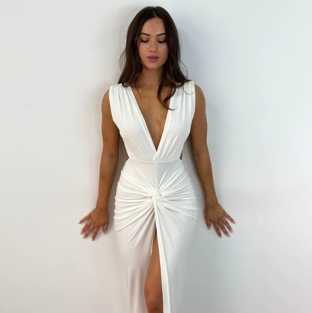 Plunge Neck Sleeveless Front Slit Maxi Dress