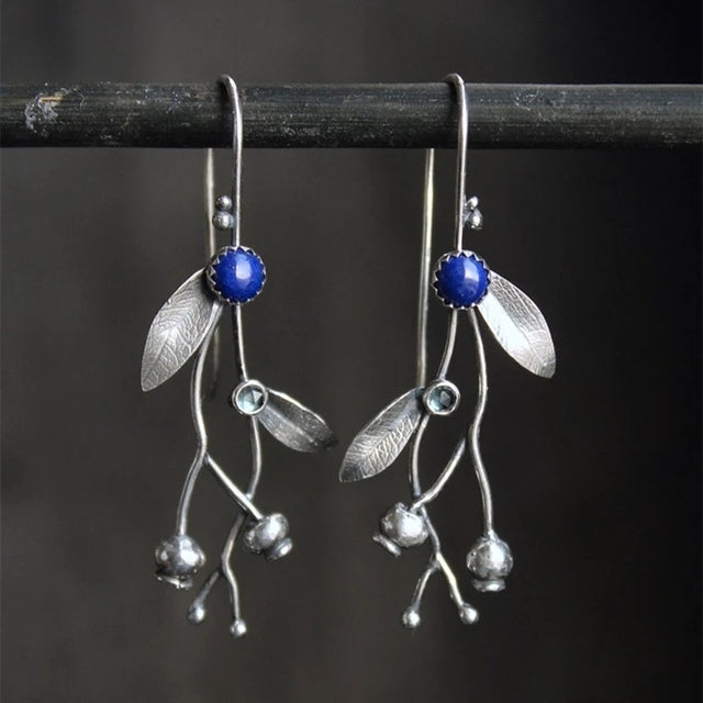 Vintage-Style Blue Stone Branch Earrings in Silver Tone