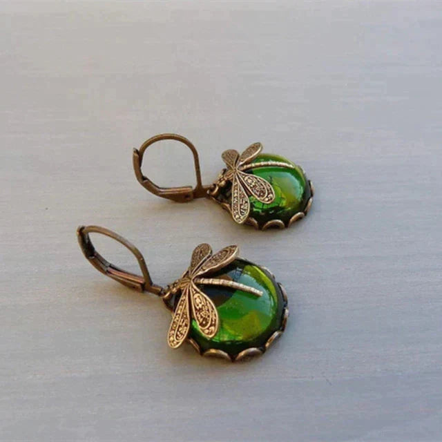 Spherical Dragonfly Earrings in Antique Gold Tone