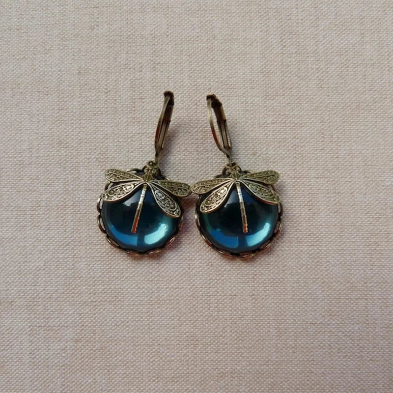 Spherical Dragonfly Earrings in Antique Gold Tone