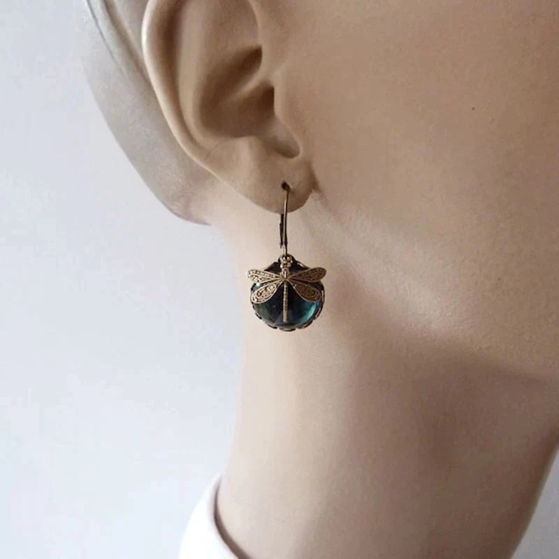 Spherical Dragonfly Earrings in Antique Gold Tone