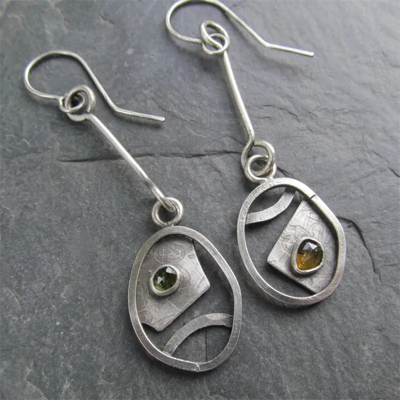 Vintage-Style Silver-Tone Earrings with Green and Orange Stones