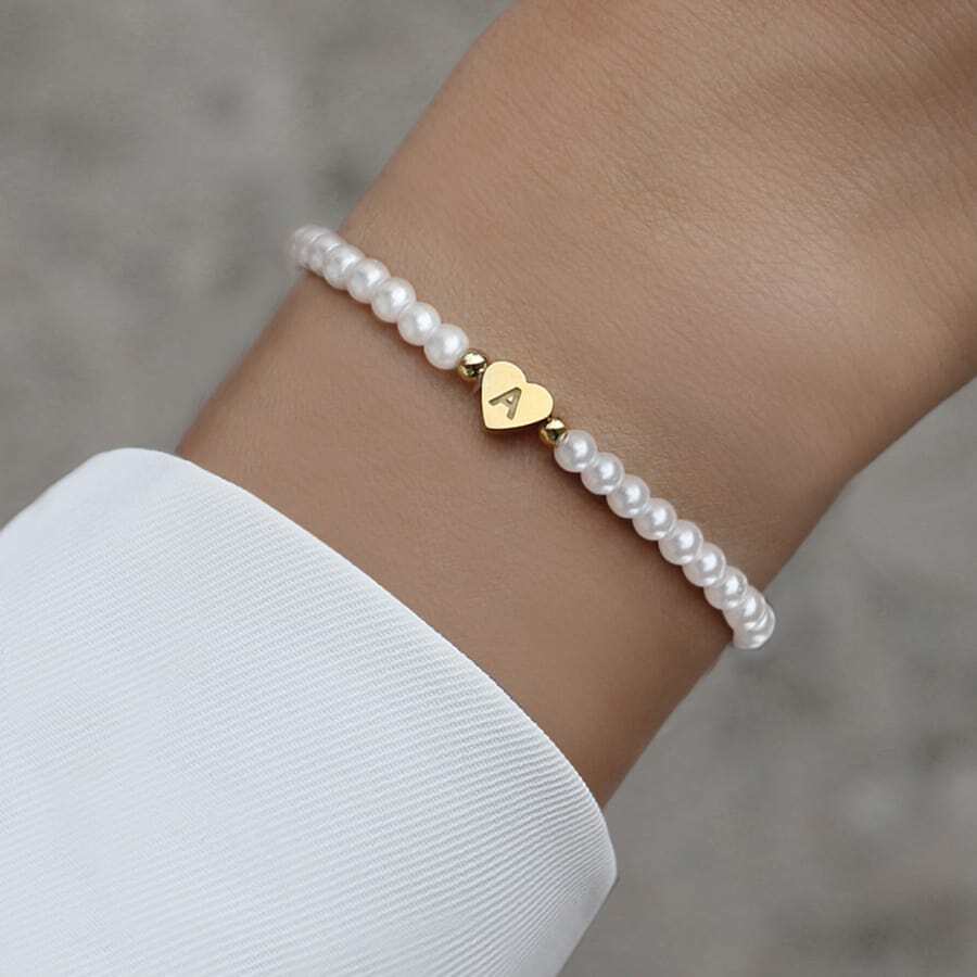 Personalised Pearl Bead Bracelet with Heart Initial Charm