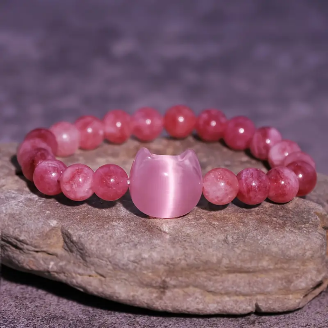 Pink Stone Bead Bracelet with Cat Charm