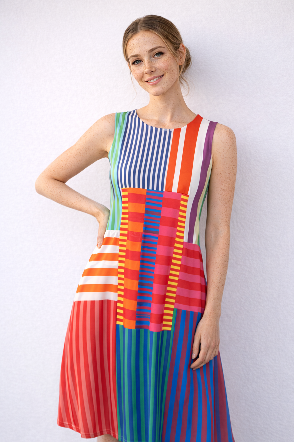 Jurk met aquarelprint, V-hals en lange mouwen
