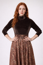Velvet Turtleneck Top and Leopard Print Skirt Set with Belt