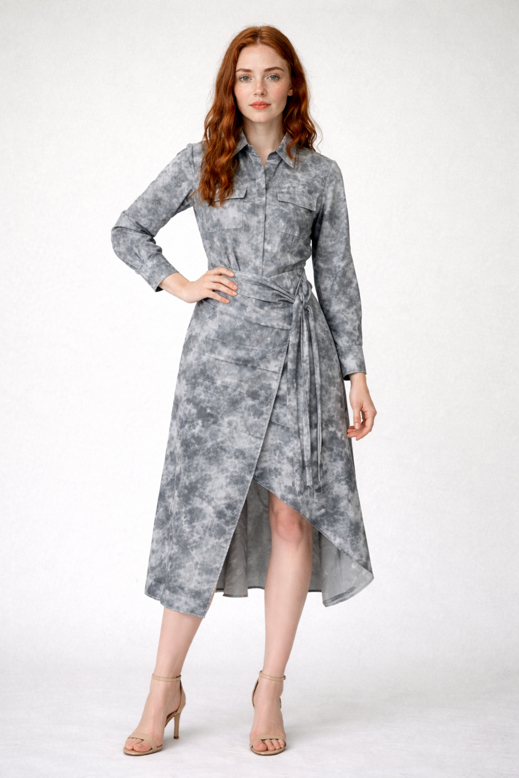 Slim fit midi-jurk met tie-dye-effect en kleppenzakken voor