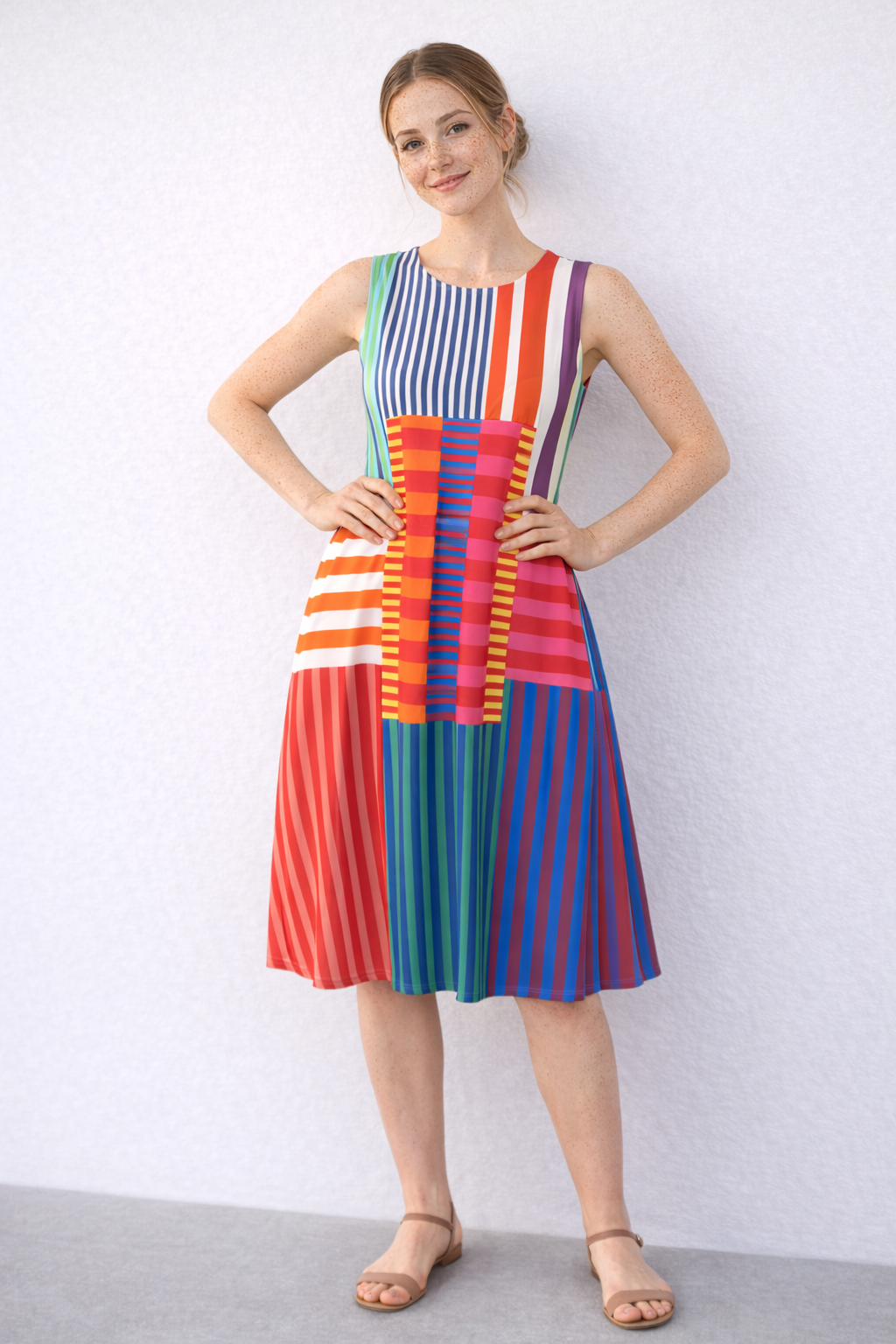 Jurk met aquarelprint, V-hals en lange mouwen