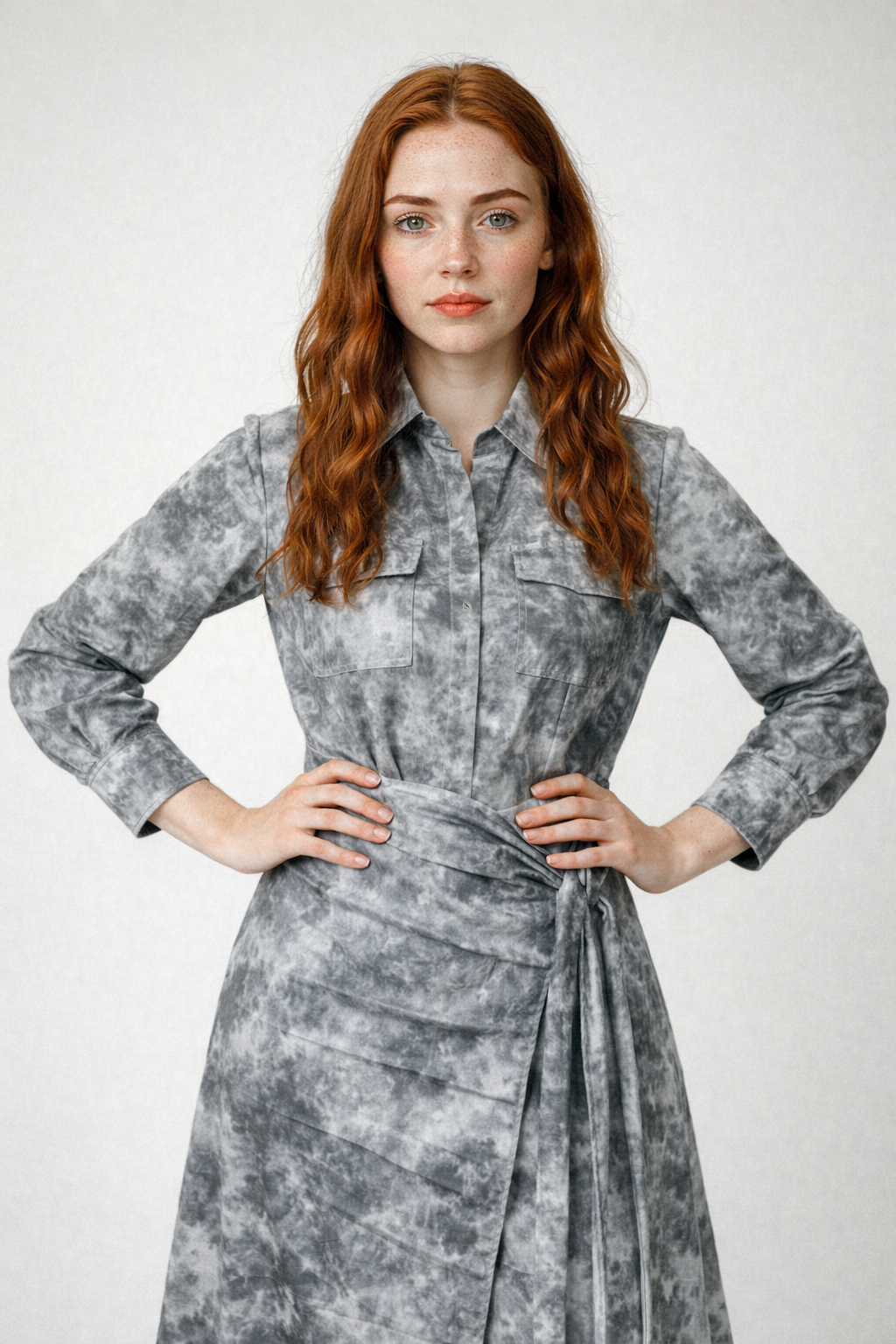 Tie-Dye Effect Slim-Fit Midi Dress with Front Flap Pockets