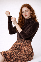 Velvet Turtleneck Top and Leopard Print Skirt Set with Belt