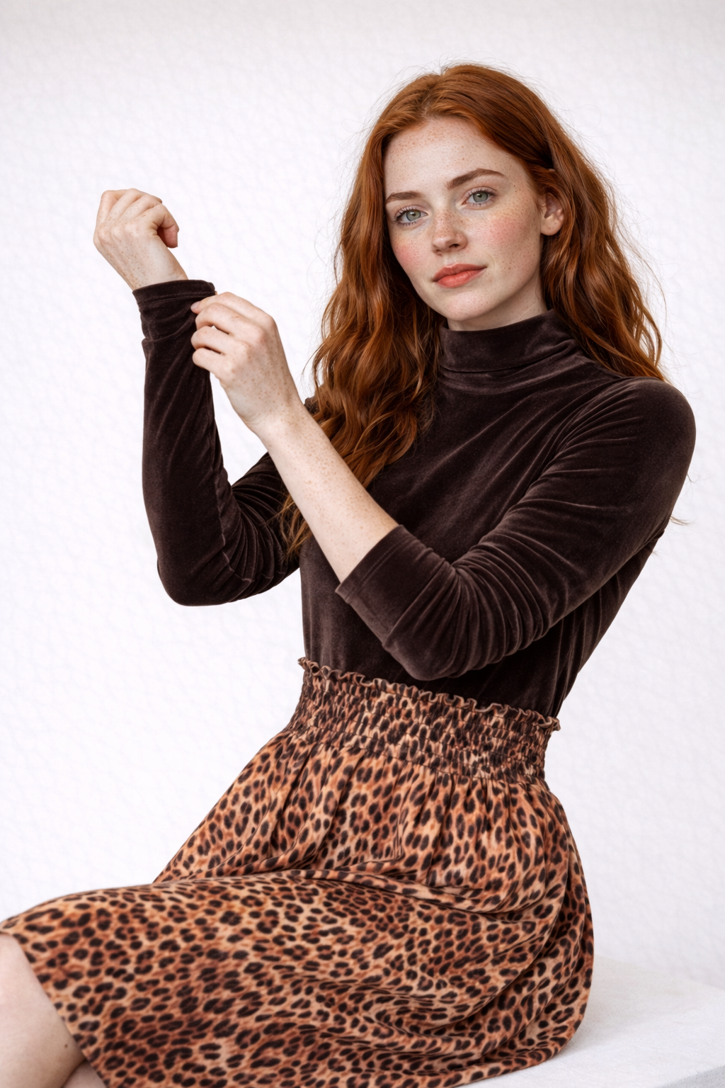 Velvet Turtleneck Top and Leopard Print Skirt Set with Belt