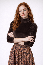 Velvet Turtleneck Top and Leopard Print Skirt Set with Belt