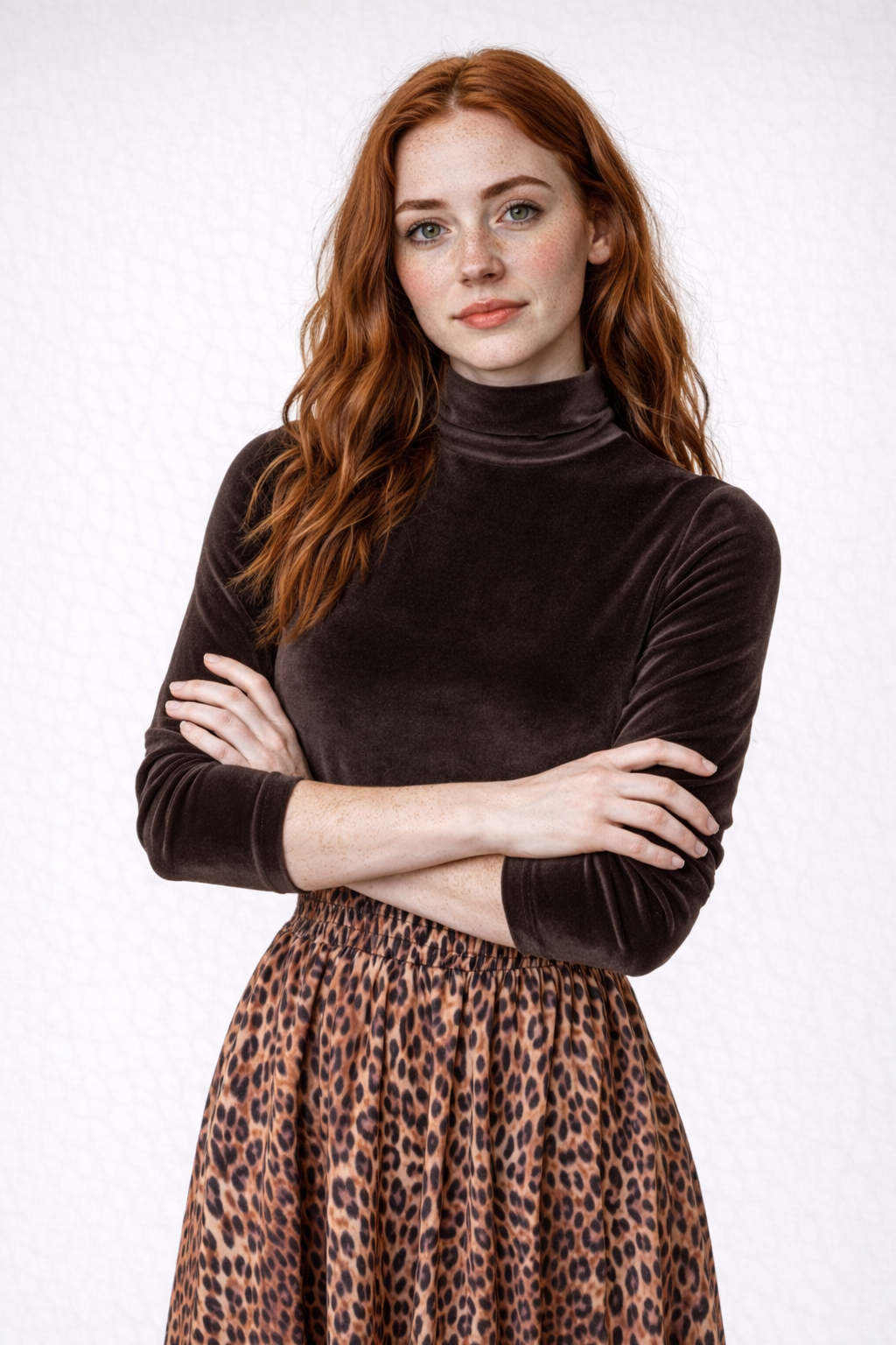 Velvet Turtleneck Top and Leopard Print Skirt Set with Belt