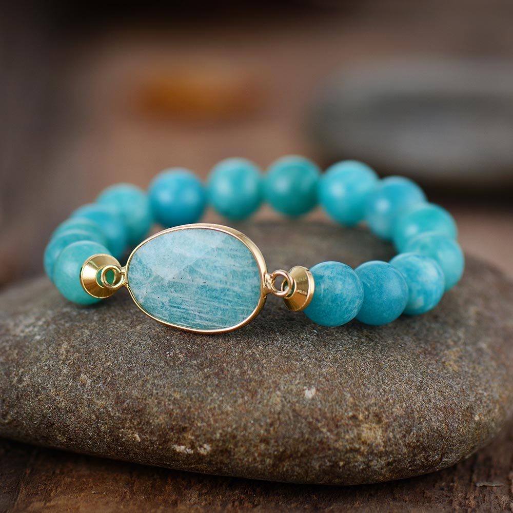 Amazonite Bead Bracelet with Oval Charm