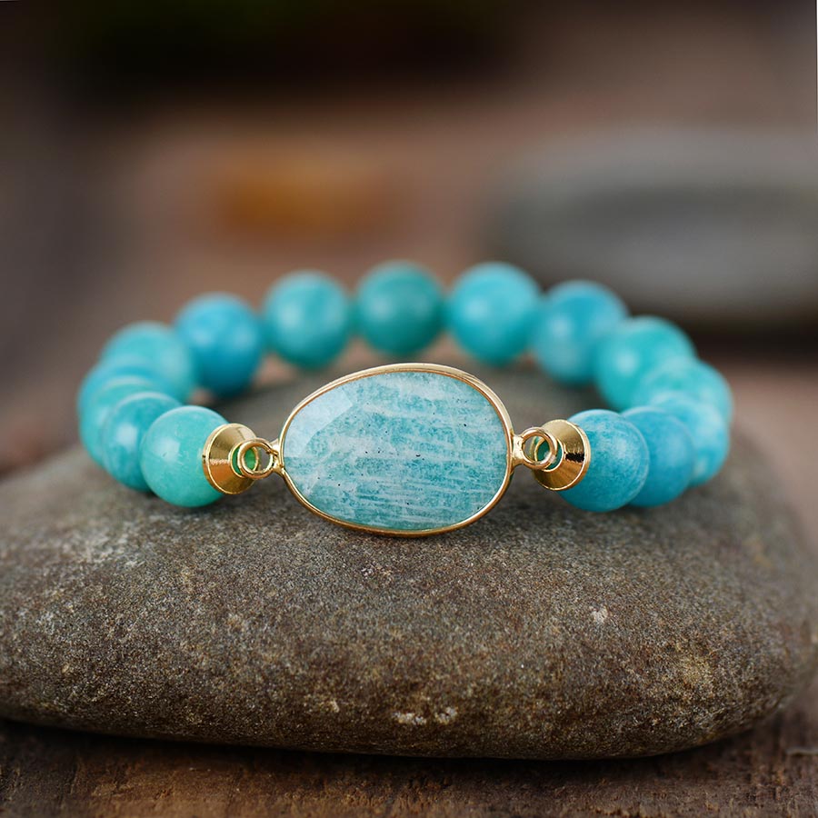 Amazonite Bead Bracelet with Oval Charm