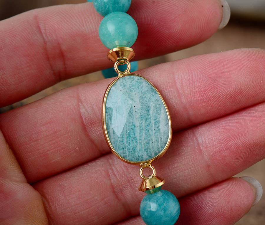 Amazonite Bead Bracelet with Oval Charm