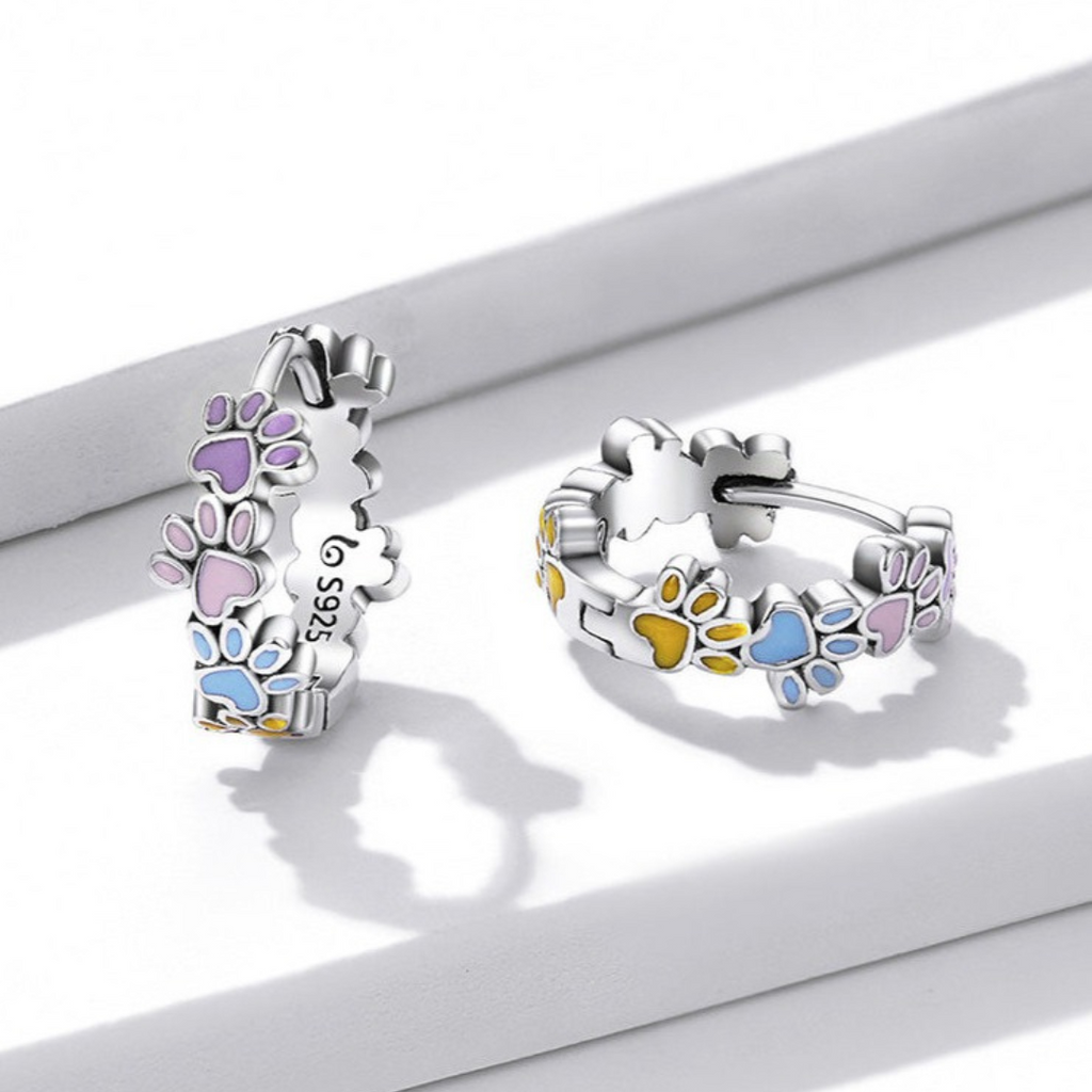 Colourful Paw Hoop Earrings in Sterling Silver