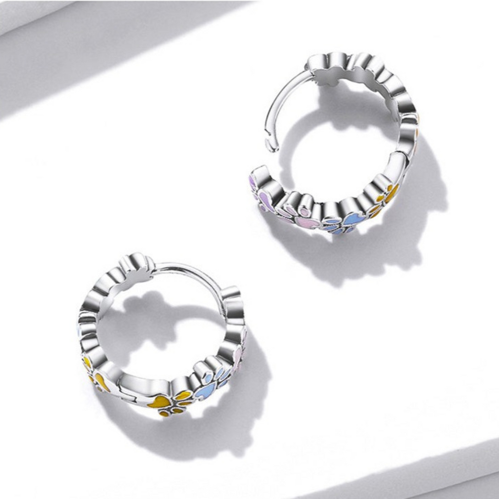 Colourful Paw Hoop Earrings in Sterling Silver