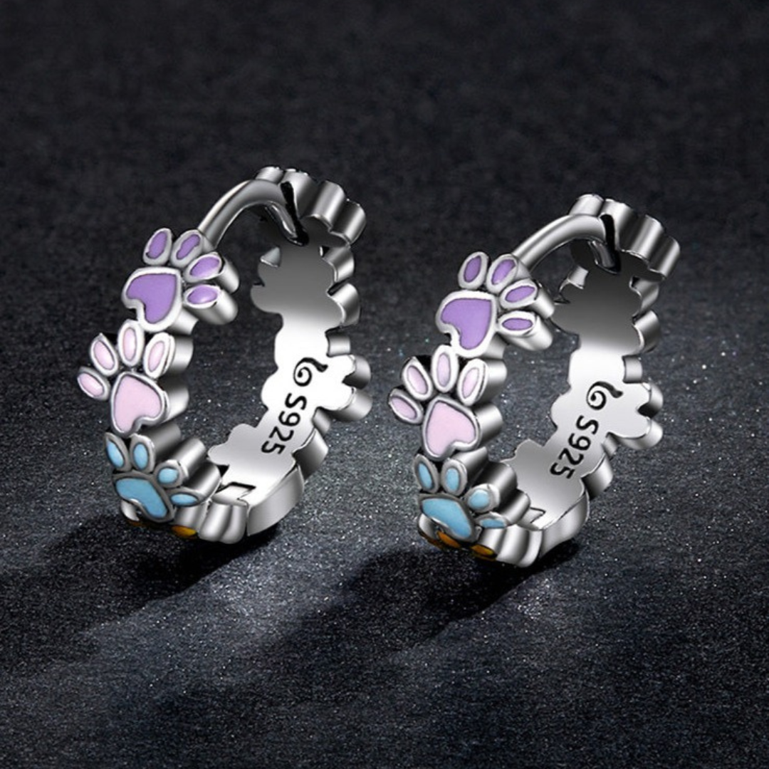Colourful Paw Hoop Earrings in Sterling Silver