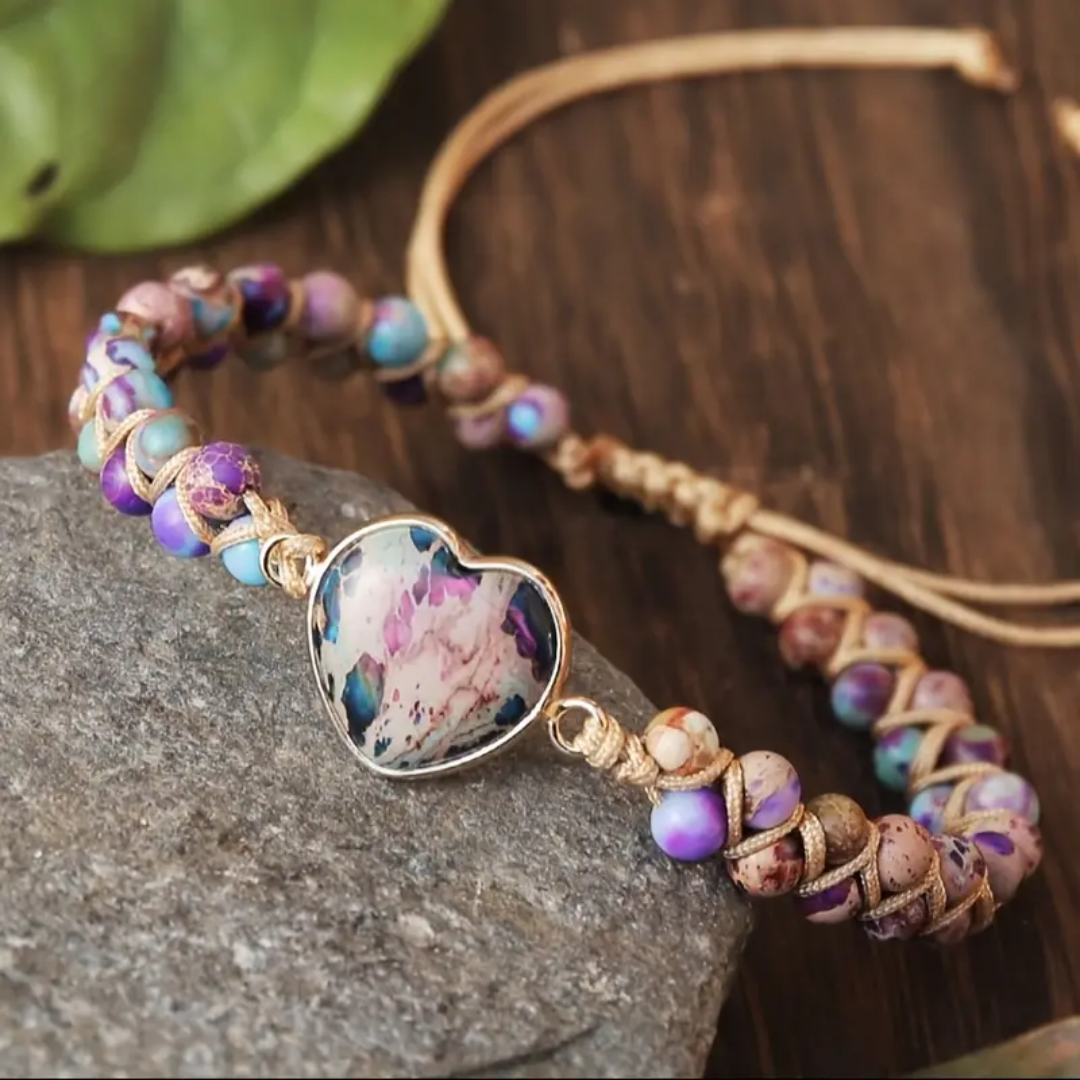 Colourful Bead Bracelet with Heart Stone Framed in Gold Tone