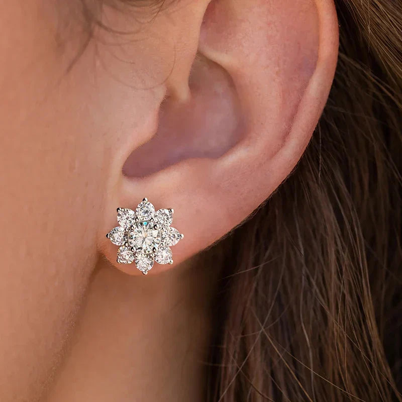 Sterling Silver Moissanite Flower Stud Earrings