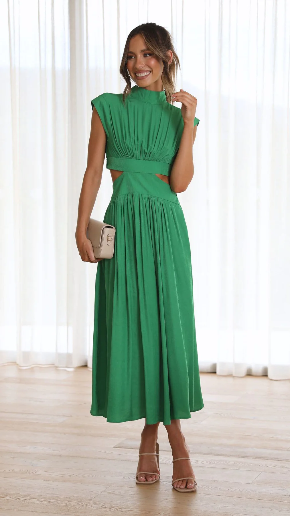 Midi Dress with Waist Cut Out and Practical Side Pockets