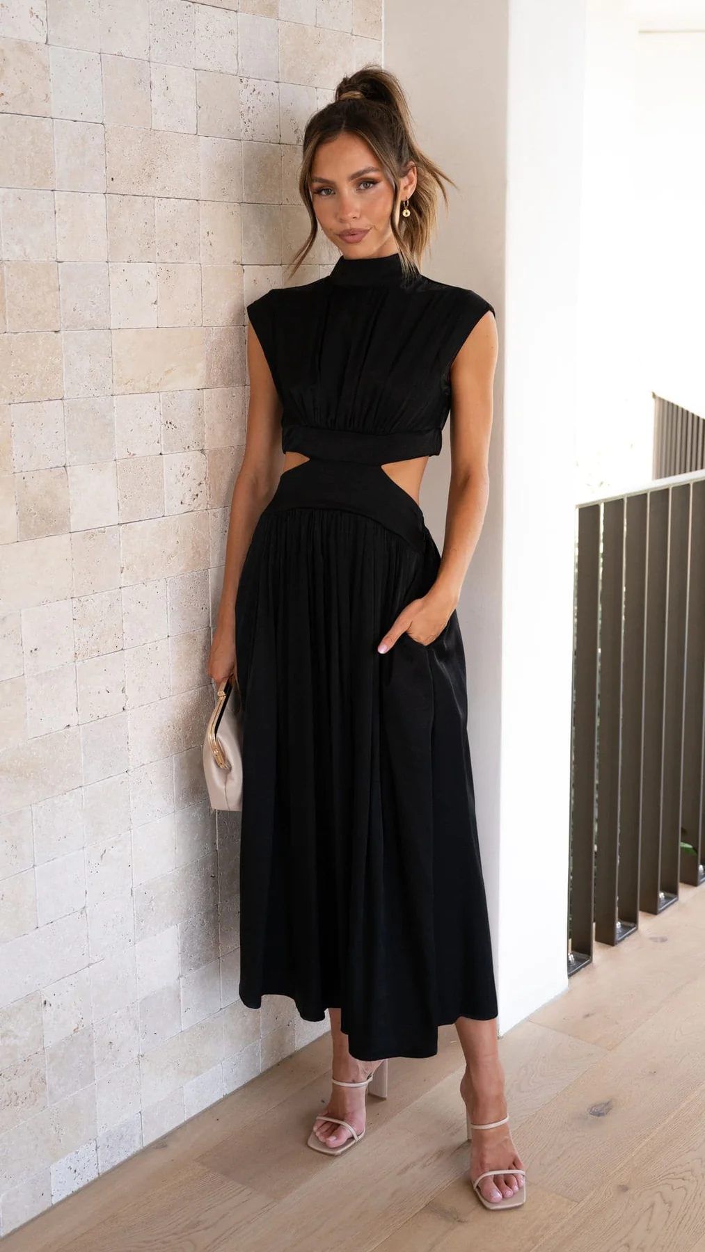Midi Dress with Waist Cut Out and Practical Side Pockets