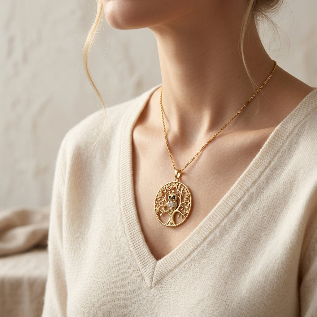 Gold-Tone Openwork Owl Tree of Life Necklace
