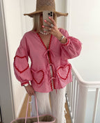 Tie-Front Blouse in Cotton with Gingham Heart Print