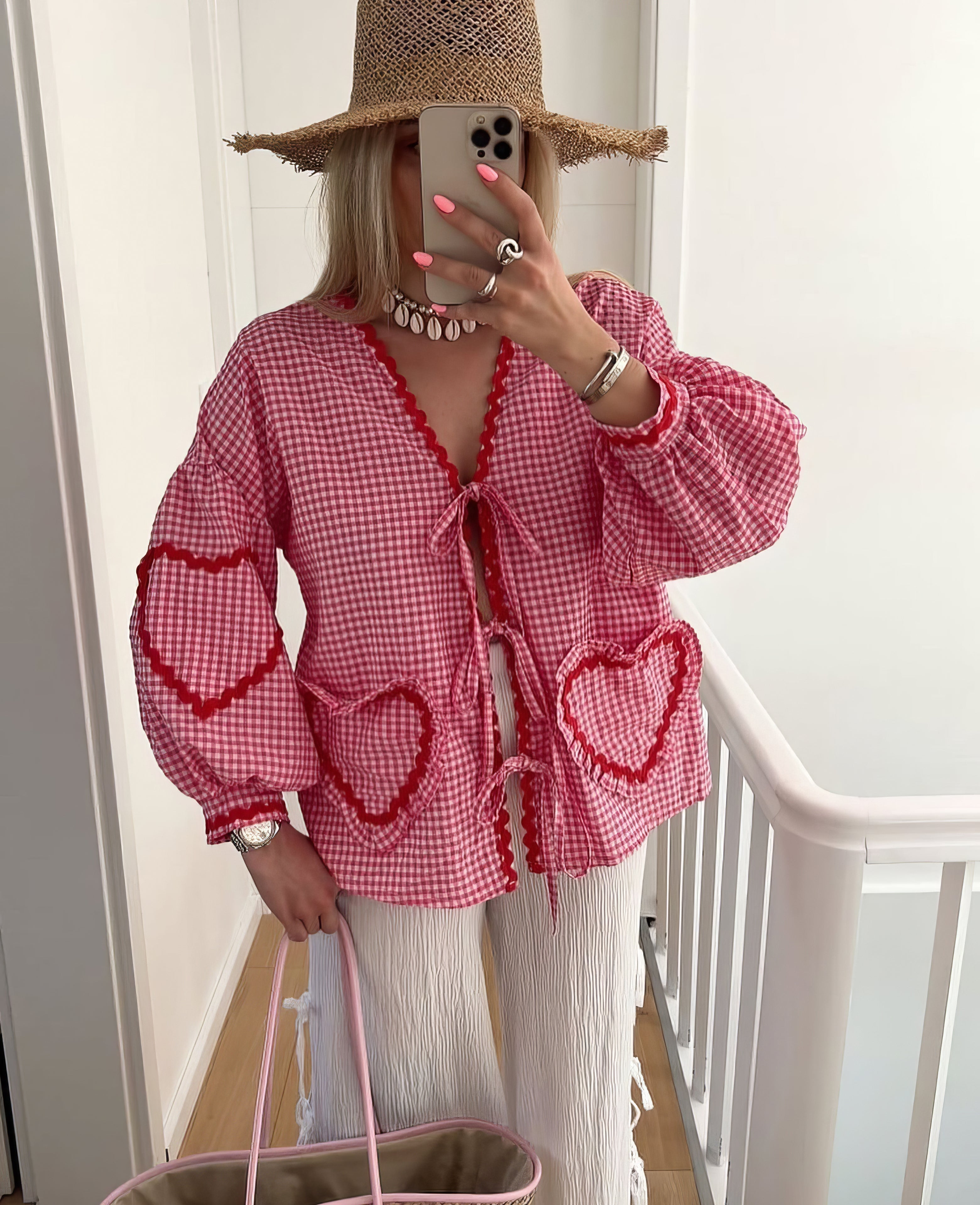 Tie-Front Blouse in Cotton with Gingham Heart Print