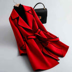 A-Line Brushed Coat with Contrast Piping and Waist Belt