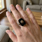 Victorian-Style Black Stone Floral Ring with Gold-Tone Accent