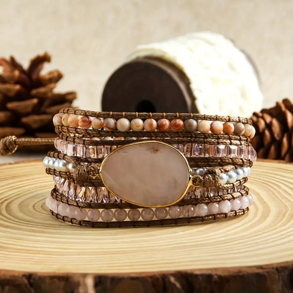 Wikkelarmband met rozenkwarts en ovale steen