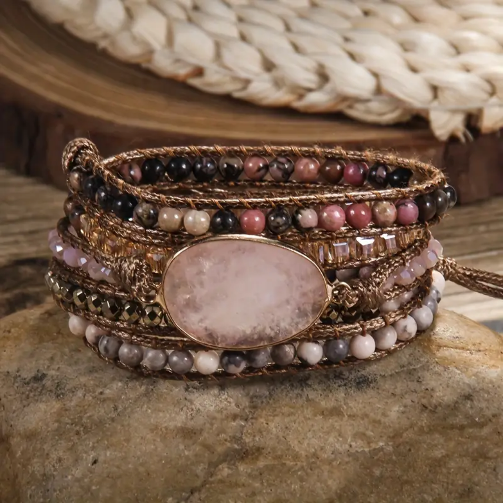 Meerstrengs gelaagde wikkelarmband met rozenkwarts