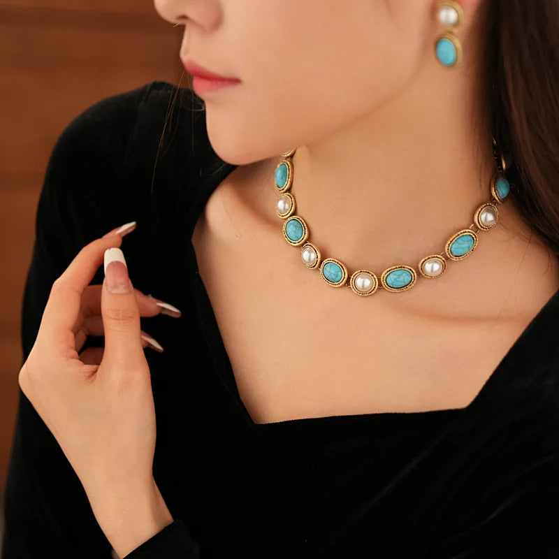 Turquoise and Pearl Antique Gold-Tone Statement Set