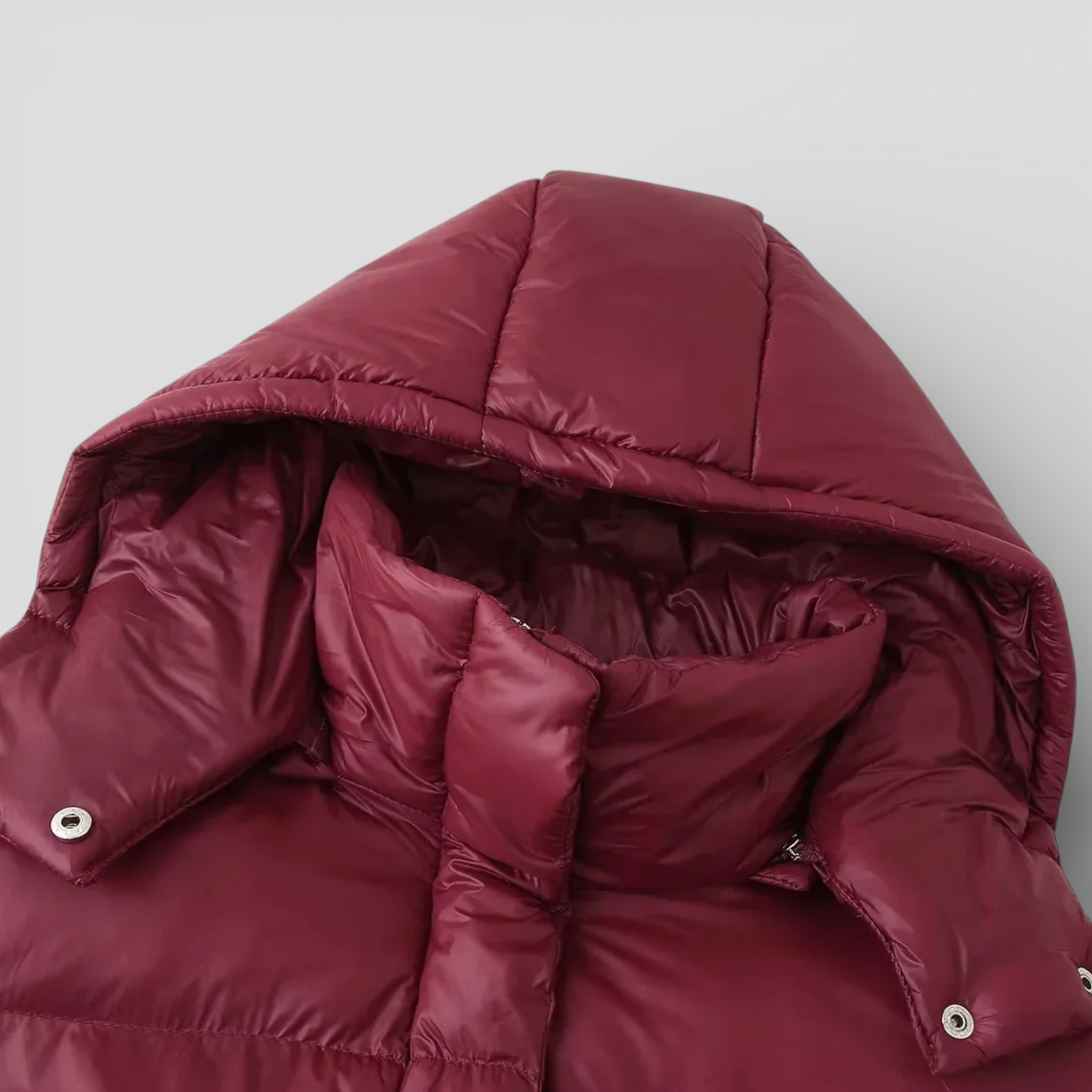 Two-Tone Quilted Hooded Coat with Stand Collar and Zip