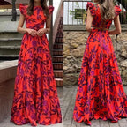 Floral Ruffle Sleeve Tiered Skirt Maxi Dress