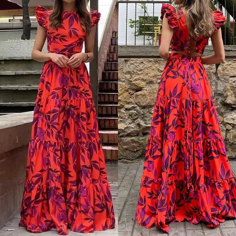 Floral Ruffle Sleeve Tiered Skirt Maxi Dress