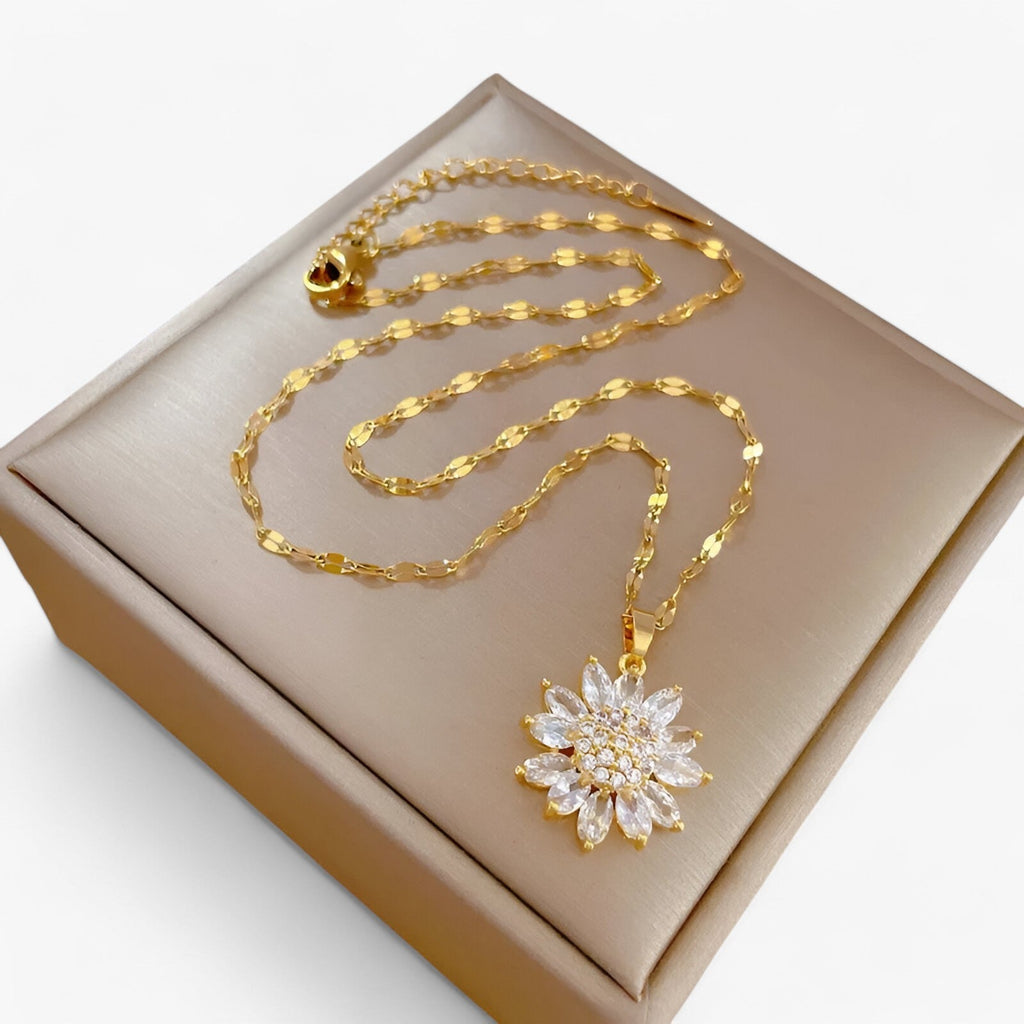 Flower Pendant Necklace with Zirconia, 316L Steel