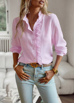 Long Sleeve Striped Blouse with Ruffle Trim