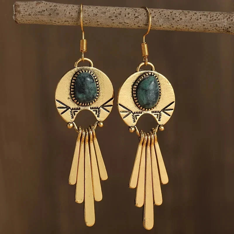 Bohemian Vintage-Style Earrings with Textured Gold-Tone Frame